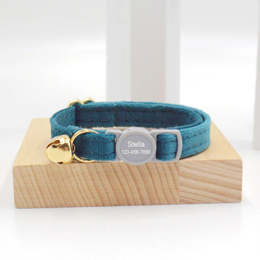 Personalised velvet cat collar with engraved ID tag and gold bell