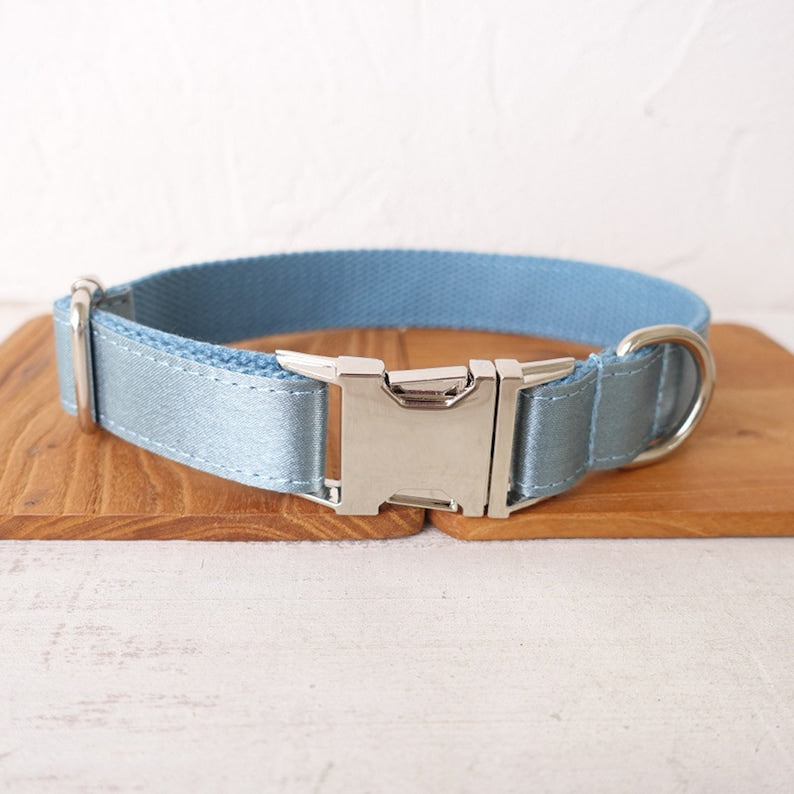 Luxurious Silky Wedding Dog Collar - Personalised with Name - Silver, Aqua, Haze Blue or Blue, Detachable Sailor Bowtie