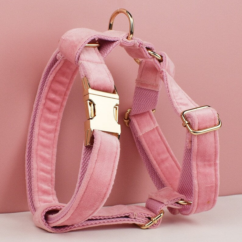 Custom Pink Velvet Personalised Dog Collar, Matching Dog Bowtie, Dog Flower, Dog Leash, Dog Harness & Dog Poop Bag
