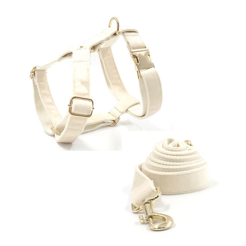 Custom Girl Cream White Personalised Dog Collar, Matching Dog Bowtie, Dog Leash, Dog Harness and Dog Poop Bag