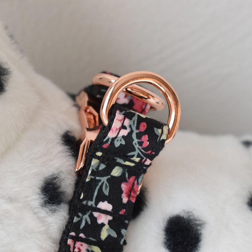 Black Floral Dog Collar and Lead Set, Bowtie and Step-in Harness