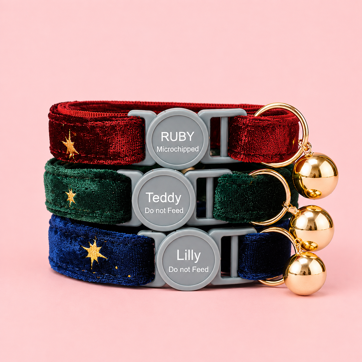Velvet Golden Star Cat Collar, Personalised - Choose Your Buckle (Quick Release, Safety or Cat-Head)