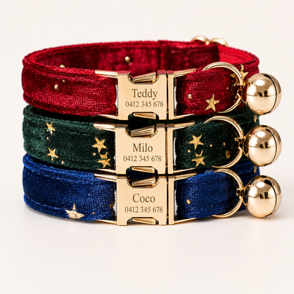 Velvet Golden Star Cat Collar, Personalised - Choose Your Buckle (Quick Release, Safety or Cat-Head)