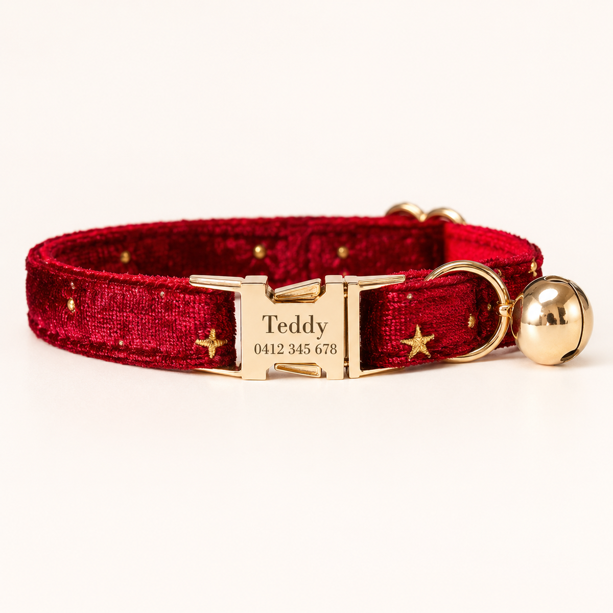 Velvet Golden Star Cat Collar, Personalised - Choose Your Buckle (Quick Release, Safety or Cat-Head)