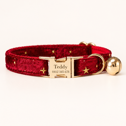 Velvet Golden Star Cat Collar, Personalised - Choose Your Buckle (Quick Release, Safety or Cat-Head)