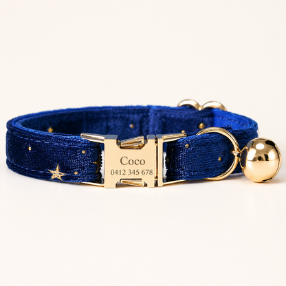 Velvet Golden Star Cat Collar, Personalised - Choose Your Buckle (Quick Release, Safety or Cat-Head)
