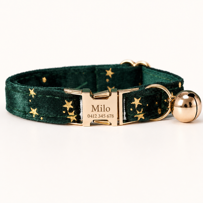Velvet Golden Star Cat Collar, Personalised - Choose Your Buckle (Quick Release, Safety or Cat-Head)