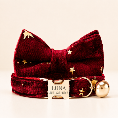 Velvet Golden Star Cat Collar, Personalised - Choose Your Buckle (Quick Release, Safety or Cat-Head)