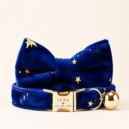 Velvet Golden Star Cat Collar, Personalised - Choose Your Buckle (Quick Release, Safety or Cat-Head)
