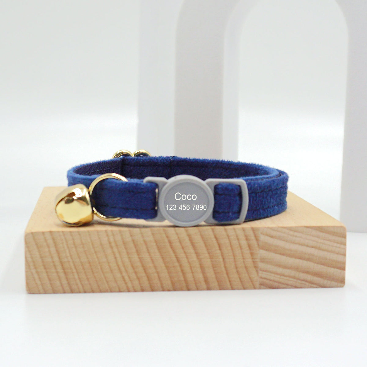 Personalised velvet cat collar with engraved ID tag and gold bell
