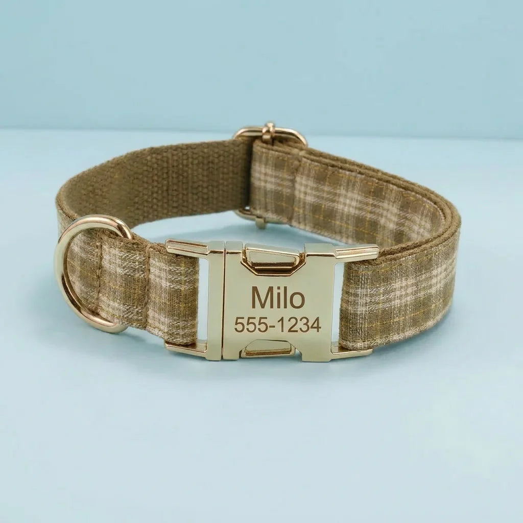 Personalised Dog Collar & Harness Set - Khaki Plaid (Light Blue Theme)