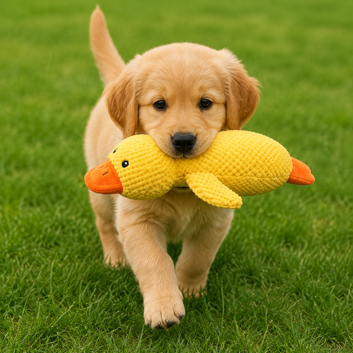 Puppy carrying the yellow plush squeaky duck dog toy on grass