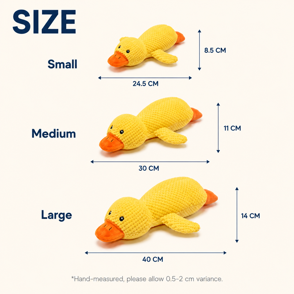 Size chart — Small 24.5cm, Medium 30cm, Large 40cm plush duck dog toy