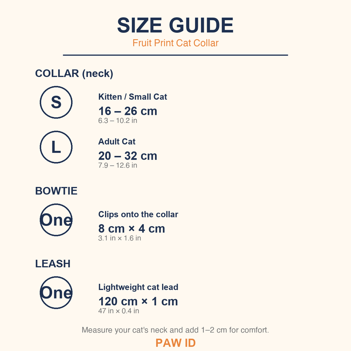 Halloween Cat Collar size guide - collar S 16-26cm, L 20-32cm, bowtie and leash dimensions