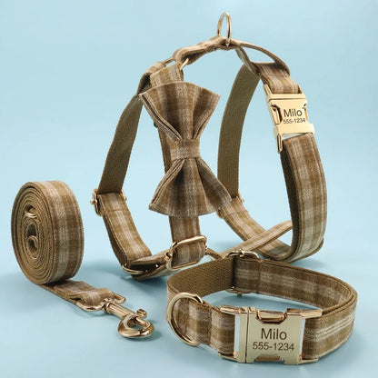 Personalised Dog Collar & Harness Set - Khaki Plaid (Light Blue Theme)