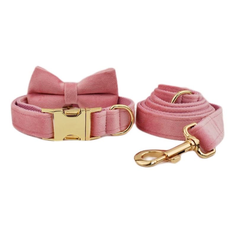 Custom Pink Velvet Personalised Dog Collar, Matching Dog Bowtie, Dog Flower, Dog Leash, Dog Harness & Dog Poop Bag
