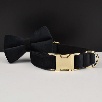 Black Gold Personalised Dog Collar, Matching Dog Harness and Leash Set, Removable Bowtie and Poop Bag Holder