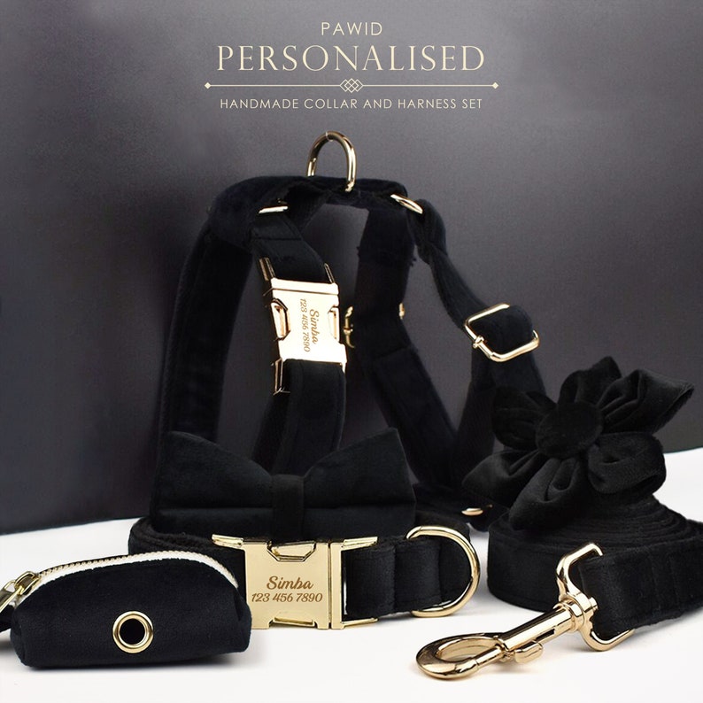 Black Gold Personalised Dog Collar, Matching Dog Harness and Leash Set, Removable Bowtie and Poop Bag Holder