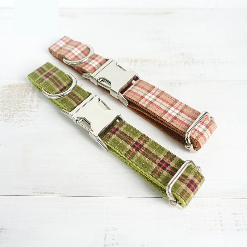 Personalised Dog Name Engraved Handmade BRITISH Plaid Green Dog Collar Boy Girl, Dog Leash