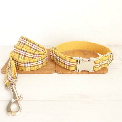 Personalised YELLOW/Orange PLAID Cat Dog Collar Leash Bowtie