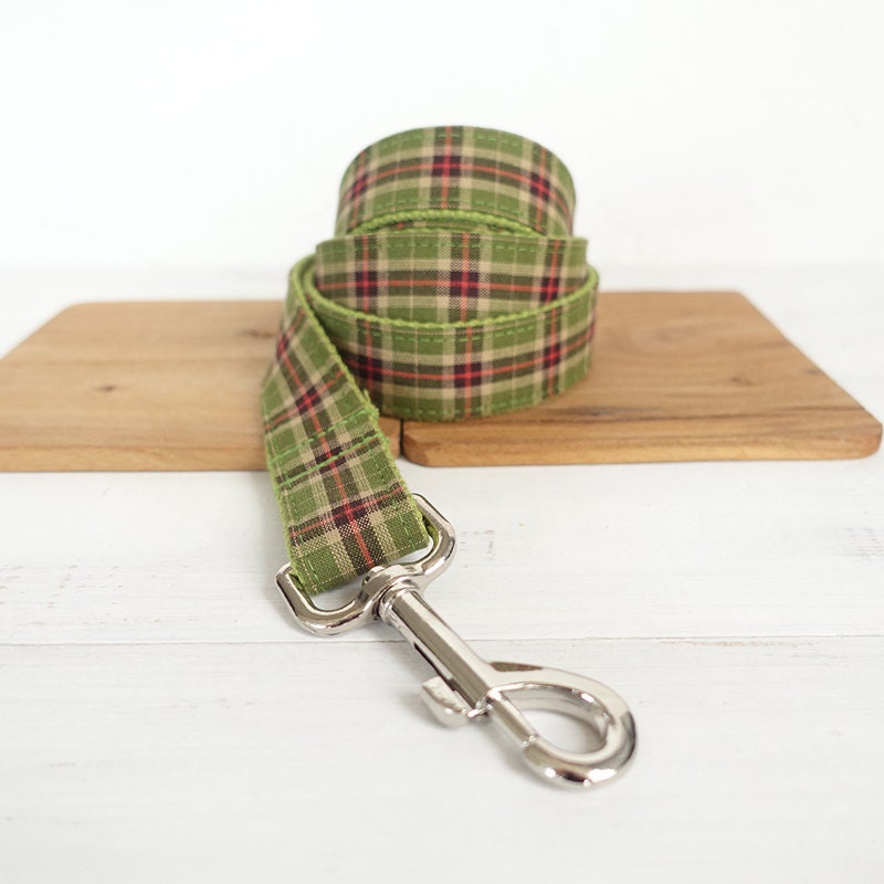 Personalised Dog Name Engraved Handmade BRITISH Plaid Green Dog Collar Boy Girl, Dog Leash
