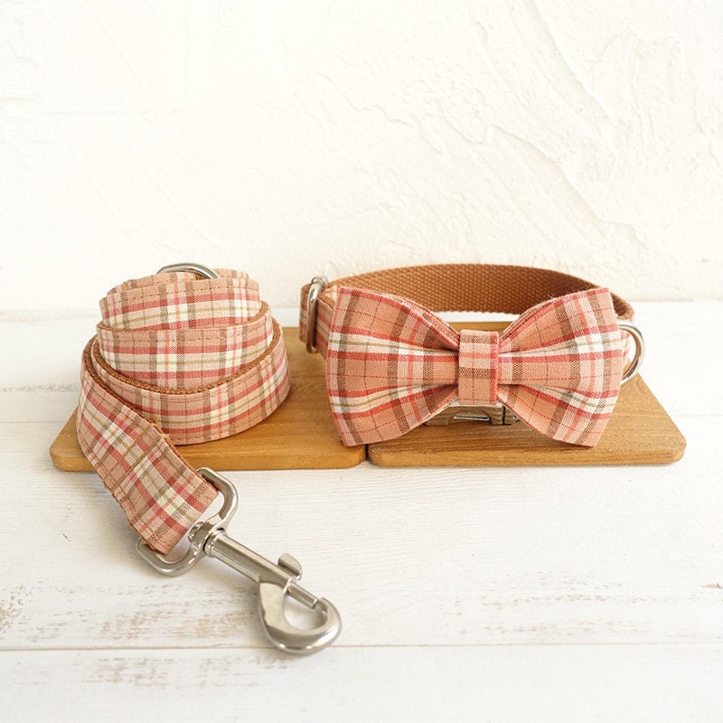 Personalised YELLOW/Orange PLAID Cat Dog Collar Leash Bowtie
