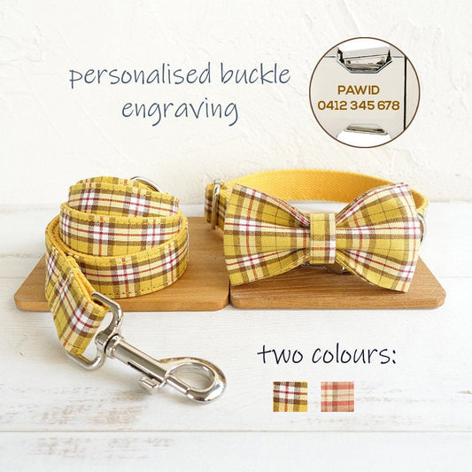 Personalised YELLOW/Orange PLAID Cat Dog Collar Leash Bowtie