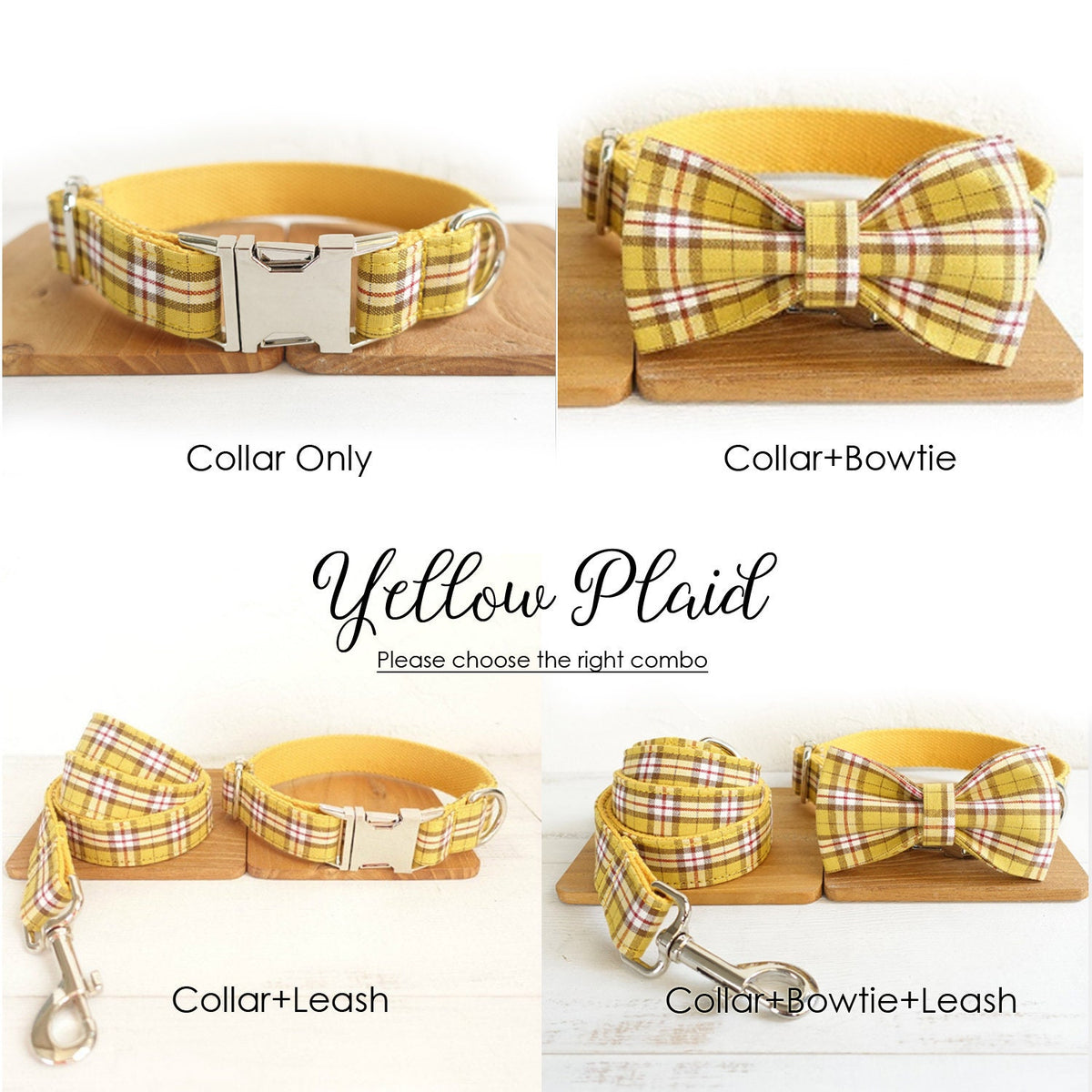 Personalised YELLOW/Orange PLAID Cat Dog Collar Leash Bowtie