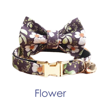 Cat Collar Gold with Bell Easyrelease Buckle, Personalised Floral Puppy Kitten Collar in Pink, Green, Black, Orange, Blue, Detachable Bow