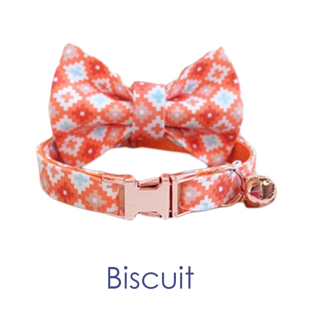 Cat Collar Gold with Bell Easyrelease Buckle, Personalised Floral Puppy Kitten Collar in Pink, Green, Black, Orange, Blue, Detachable Bow