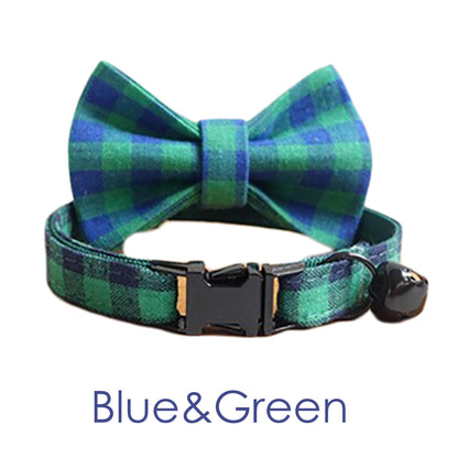 Plaid Cat Collar with Bell, Checkered Style Custom Cat Collar with Bow and Personalised Quick Release Buckle with Name Gingham Style