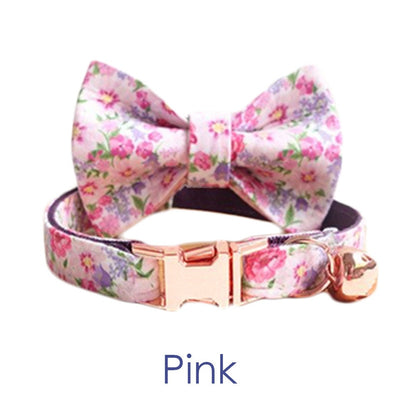 Cat Collar Gold with Bell Easyrelease Buckle, Personalised Floral Puppy Kitten Collar in Pink, Green, Black, Orange, Blue, Detachable Bow