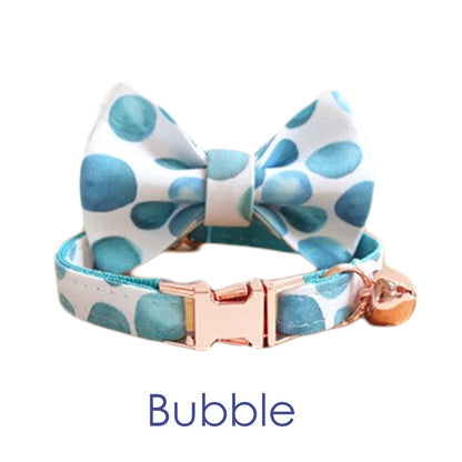 Cat Collar Gold with Bell Easyrelease Buckle, Personalised Floral Puppy Kitten Collar in Pink, Green, Black, Orange, Blue, Detachable Bow