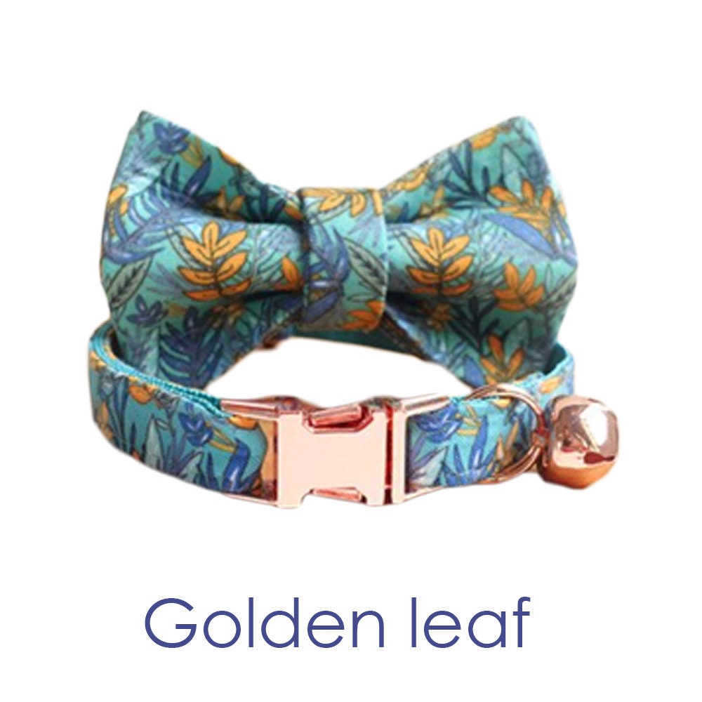 Cat Collar Gold with Bell Easyrelease Buckle, Personalised Floral Puppy Kitten Collar in Pink, Green, Black, Orange, Blue, Detachable Bow