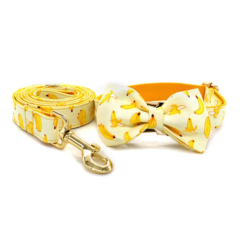 Banana Dog Harness, Custom Yellow Personalised Cute Dog Collar, Bowtie, Dog Leash, Step In Small Medium Large Dog Harness