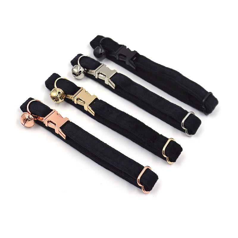 Cat Collar Gold with Bell Easyrelease Buckle, Personalised Velvet Puppy Kitten Collar in Blue, White, Gray, Black, Purple, Detachable Bowtie