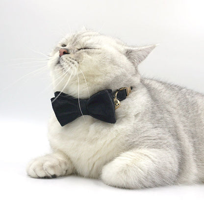 Cat Collar Gold with Bell Easyrelease Buckle, Personalised Velvet Puppy Kitten Collar in Blue, White, Gray, Black, Purple, Detachable Bowtie