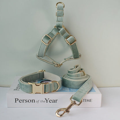 Personalised Sage GREEN Thick Velvet Girl or Boy Dog Collar, Harness, and Leash Set with Detachable Matching Bowtie Flower