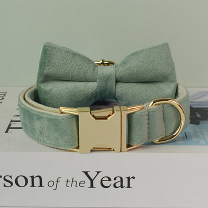 Personalised Sage GREEN Thick Velvet Girl or Boy Dog Collar, Harness, and Leash Set with Detachable Matching Bowtie Flower
