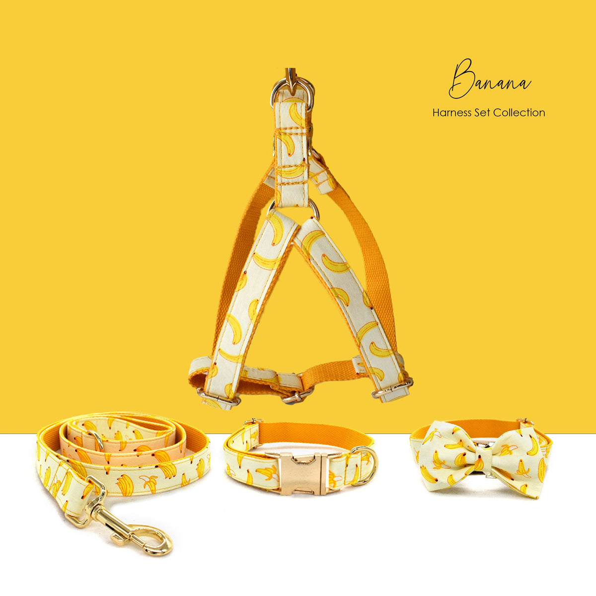 Banana Dog Harness, Custom Yellow Personalised Cute Dog Collar, Bowtie, Dog Leash, Step In Small Medium Large Dog Harness