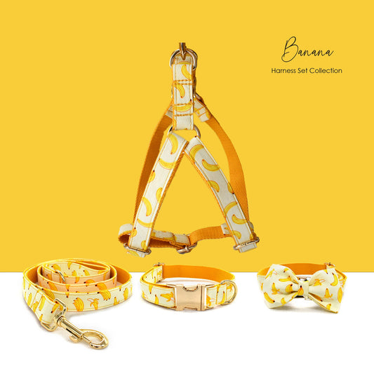 Banana Dog Harness, Custom Yellow Personalised Cute Dog Collar, Bowtie, Dog Leash, Step In Small Medium Large Dog Harness