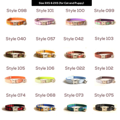 Orange Tartan Gingham Plaid Cotton Nylon Mix Fabric Custom Pet Collar for Boy Girl Cat, Puppy and Dog