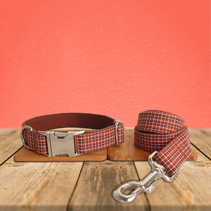 Red Brown Tartan Gingham Plaid Cotton Nylon Mix Fabric Custom Pet Collar for Boy Girl Cat, Puppy and Dog