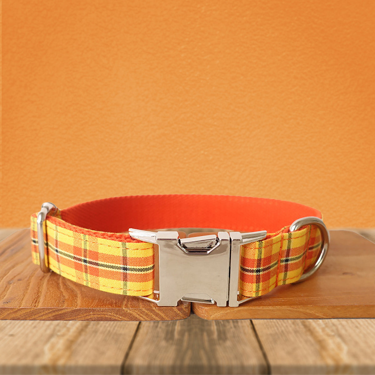 Orange Tartan Gingham Plaid Cotton Nylon Mix Fabric Custom Pet Collar for Boy Girl Cat, Puppy and Dog