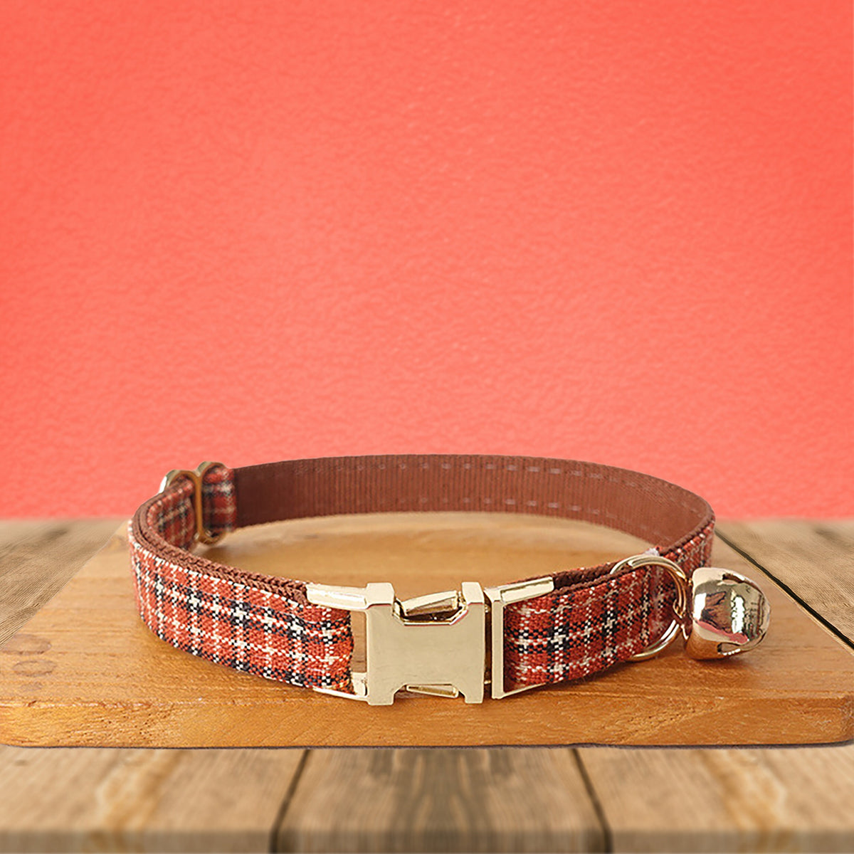 Red Brown Tartan Gingham Plaid Cotton Nylon Mix Fabric Custom Pet Collar for Boy Girl Cat, Puppy and Dog