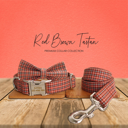 Red Brown Tartan Gingham Plaid Cotton Nylon Mix Fabric Custom Pet Collar for Boy Girl Cat, Puppy and Dog