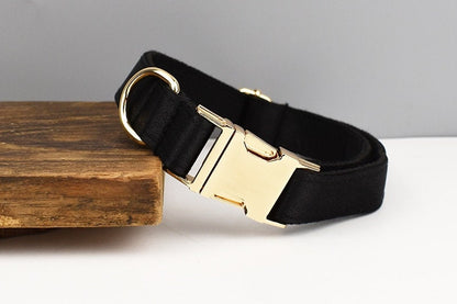 Black Dog Collar, Custom Satin Silky Black H-Style Dog Harness with Name, Dog Poop Bag, Leash, Sailor Bow for Wedding