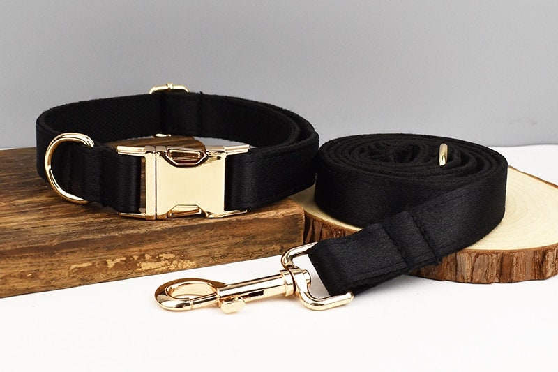 Black Dog Collar, Custom Satin Silky Black H-Style Dog Harness with Name, Dog Poop Bag, Leash, Sailor Bow for Wedding