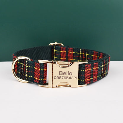 Plaid Dog Collar, Personalised Tag, Plaid Tartan Dog Collar and Leash or Bow, Collar for Male Dog, Engraved Name on Dog Collar, Boy Collar