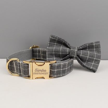 Plaid Dog Collar, Personalised Tag, Plaid Tartan Dog Collar and Leash or Bow, Collar for Male Dog, Engraved Name on Dog Collar, Boy Collar